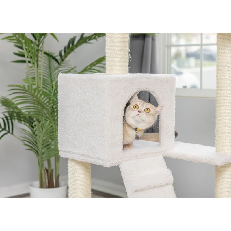 Ivory Fleece Covered 53" High Real Wood Cat tree