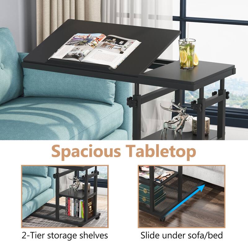 Height Adjustable C Table with Wheels, Laptop Table for Sofa Couch Bedside