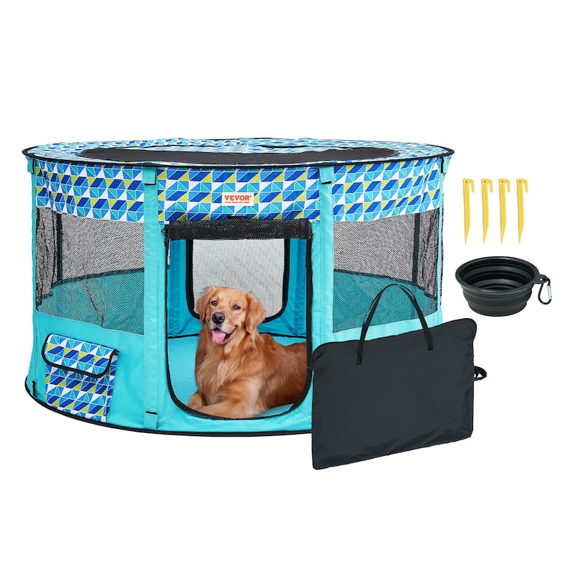 VEVOR Foldable Pet Playpen with Storage bag for Indoor Outdoor Travel Camping - 44in*44in - Blue