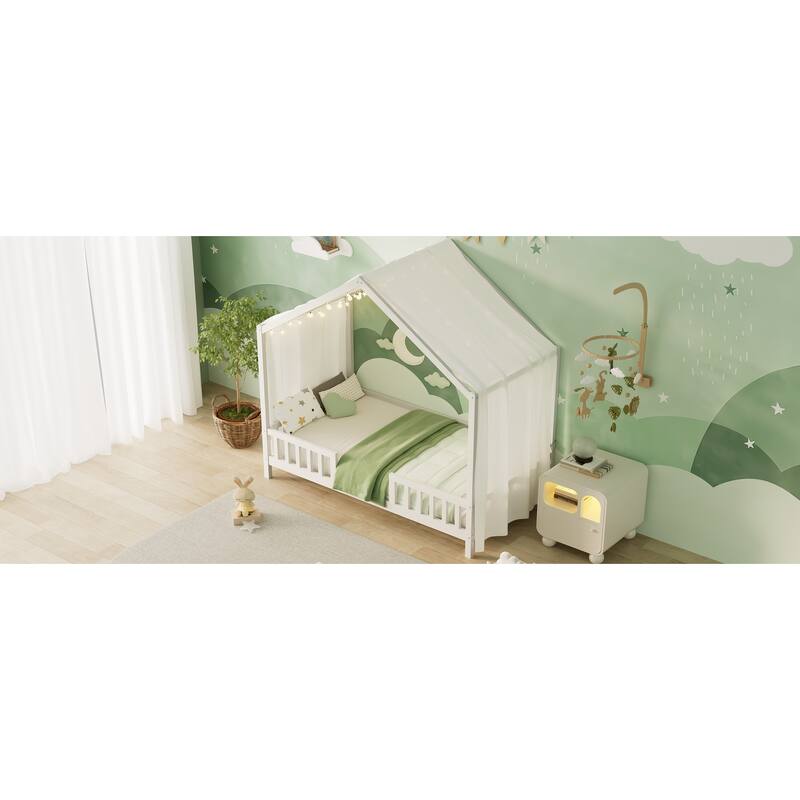 House-Shaped Twin Bed with Canopy and Railings for Kids, Montessori Floor Bed, White