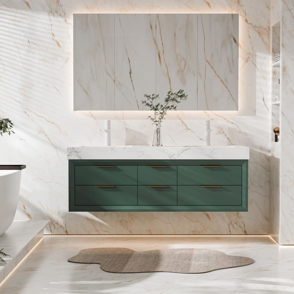 Modland 60" Modern Floating Bathroom Vanity with Double Sink, Soft-Close Drawers, White Stone Countertop