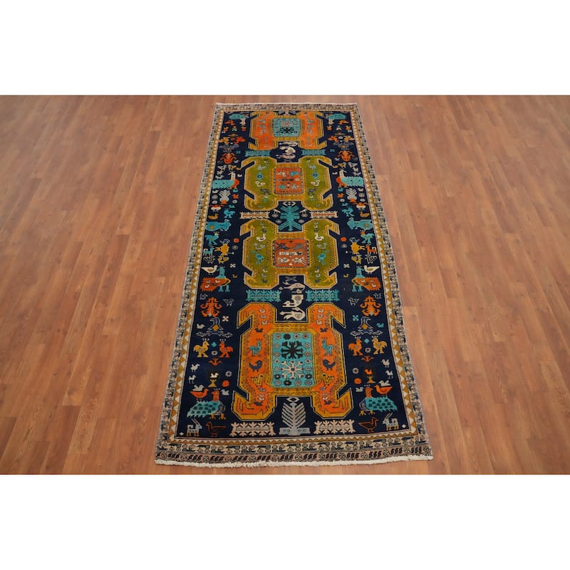 Hand Knotted Oriental 100% Wool Carpet Traditional Tribal Navy Blue & Blues Meshkin Area Rug - 8' 5'' X 3' 7''