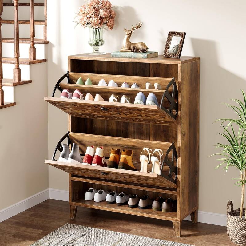 Brown Wood Shoe Cabinet with 2 Flip Drawers, Shoe Storage Organizer for Entryway