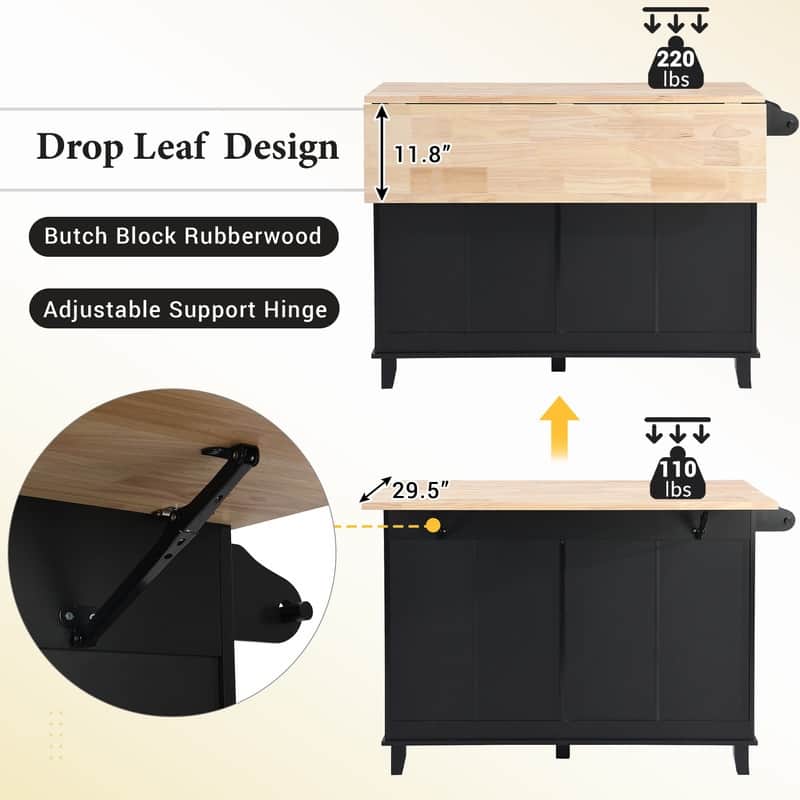 Farmhouse-Style Kitchen Island Set with Drop-Leaf Table, Two Seats, Storage Cabinet, Drawers, and Towel Rack‌