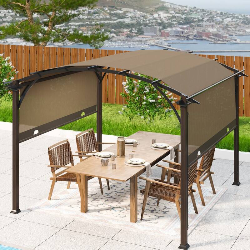 EAGLE PEAK 11.4x11.4 Outdoor Pergola with Retractable Textilene Sun Shade Top, Wood Looking Steel Frame Arch Patio Pergola - Beige