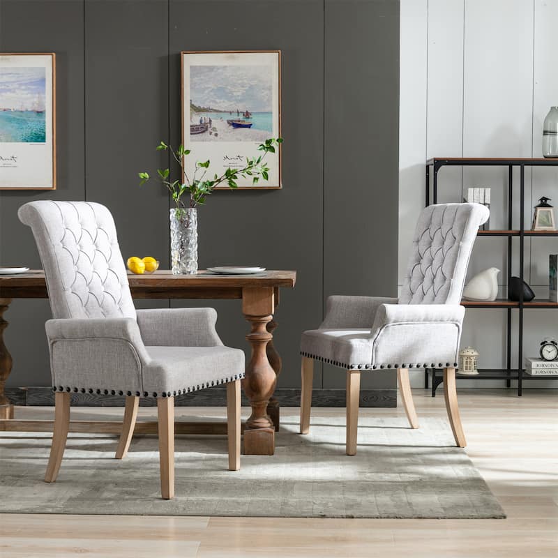 Fabric Upholstered High Back Arm Dining Chair with Oak Wood Legs