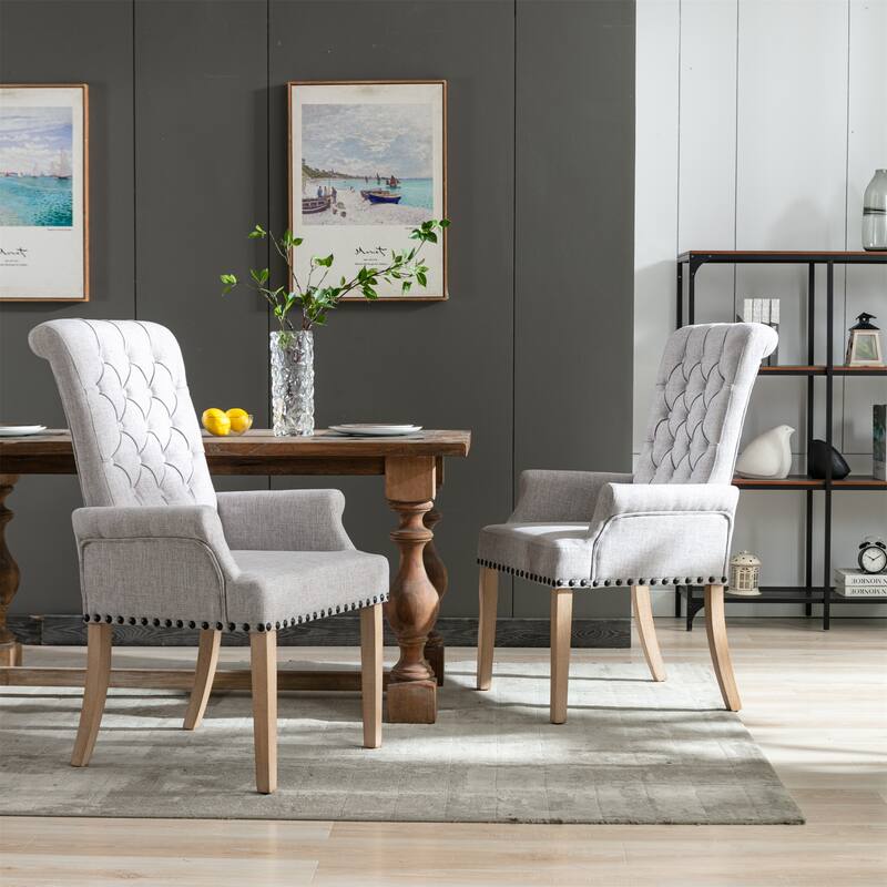 Fabric Upholstered High Back Arm Dining Chair with Oak Wood Legs - On Sale - Bed Bath & Beyond 