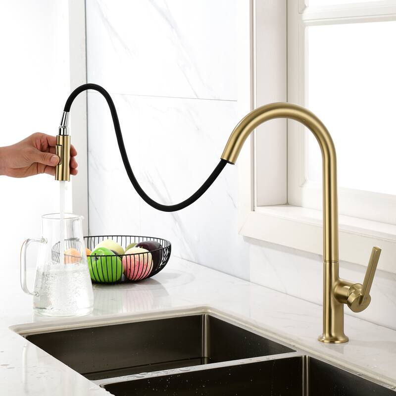 Single Handle Pull Down Sprayer Kitchen Sink Faucet Modern Commercial Kitchen Basin Faucets Brushed Gold