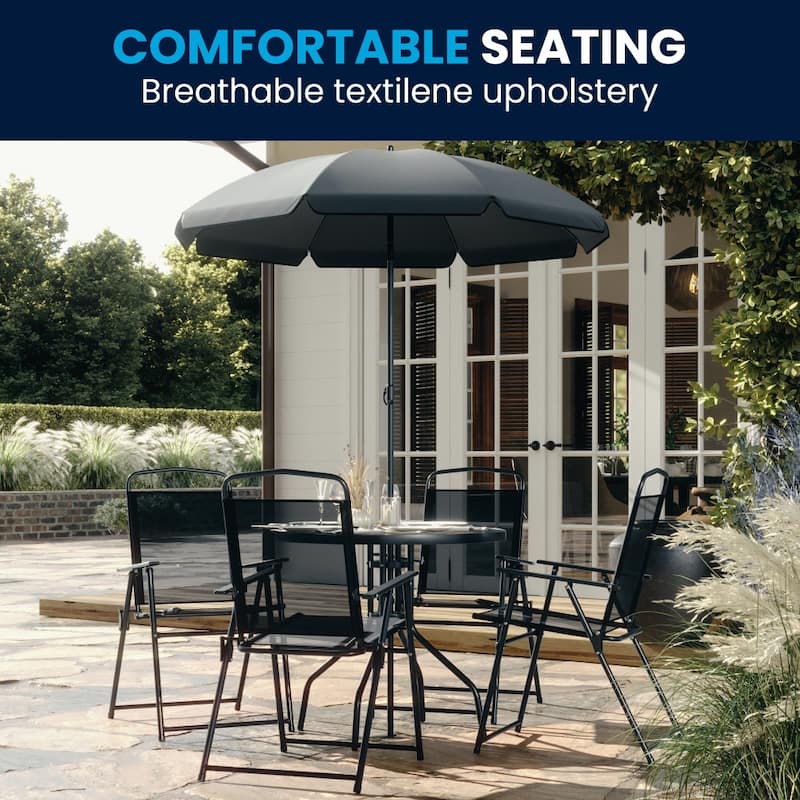 Nantucket 6 Piece Patio Garden Set with Table, Umbrella and 4 Folding Chairs
