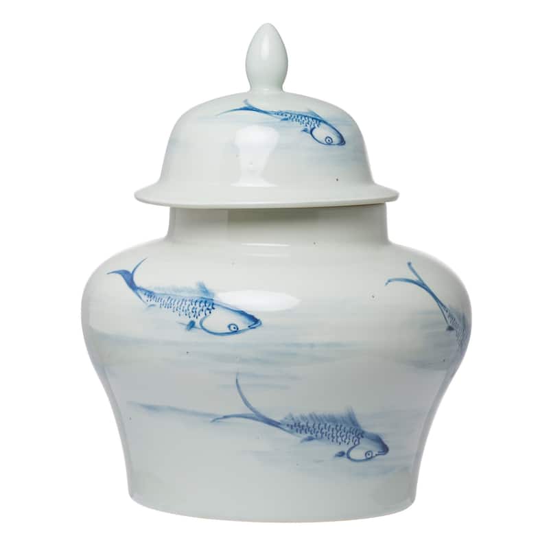18 Inch Porcelain Ginger Jar, Artful Wispy Fish, Classic White and Blue - White