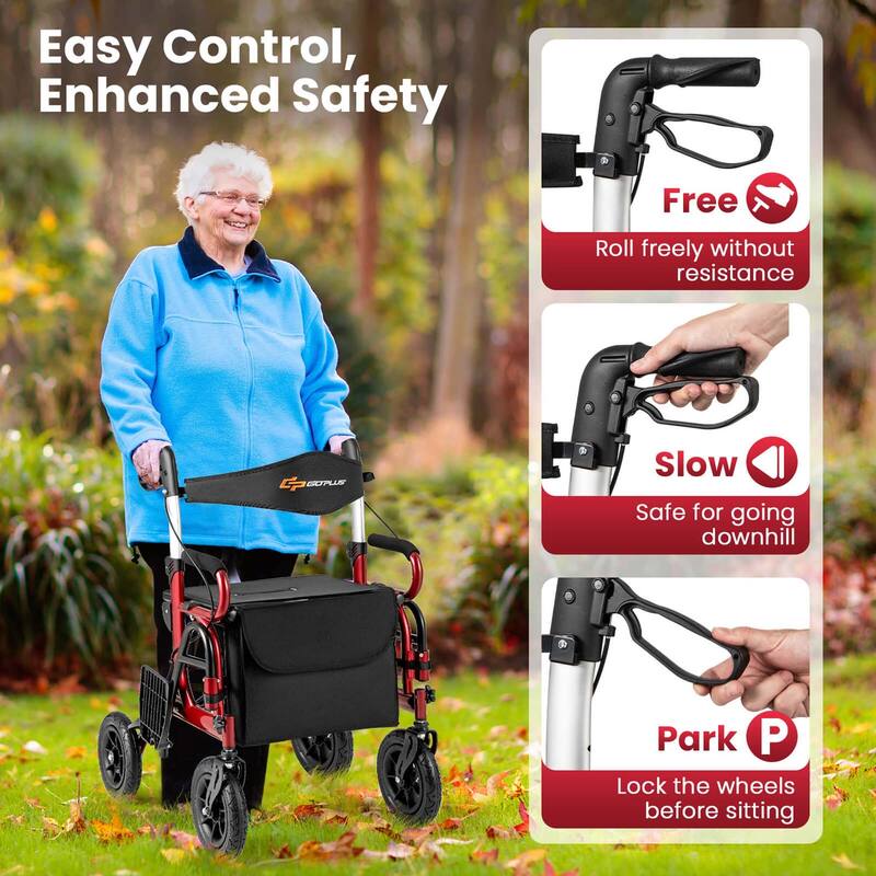 2 in 1 Folding Rolling Rollator Walker & Wheelchair Combo w/ Brakes