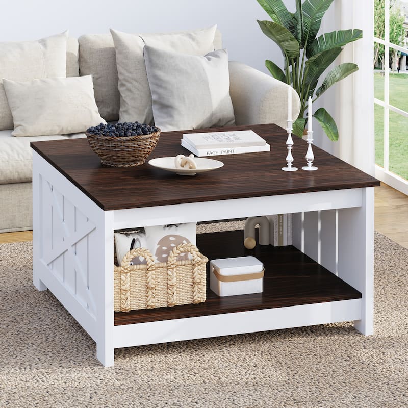 Modern Rustic Square Wood Coffee Table with Storage - Dark Brown/White