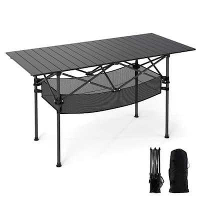 Aluminum Patio Folding Camping Table with Bag and Mesh Basket - 47" x 22" x 27" (L x W x H)