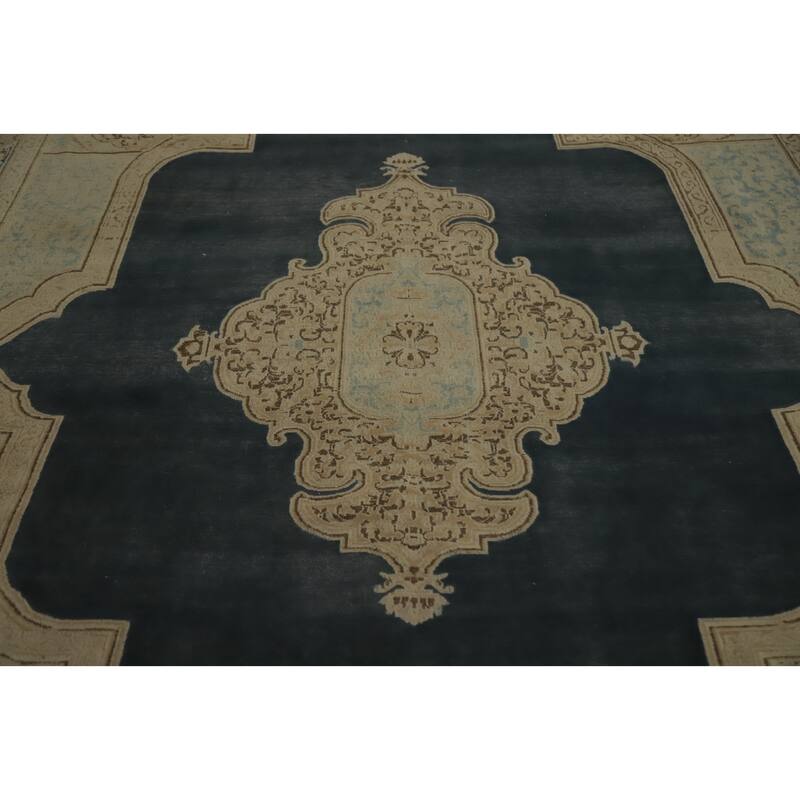 Hand Knotted Oriental 100% Wool Carpet Traditional Medallion Greys & Charcoal Kerman Area Rug - 12' 4'' X 9' 8''