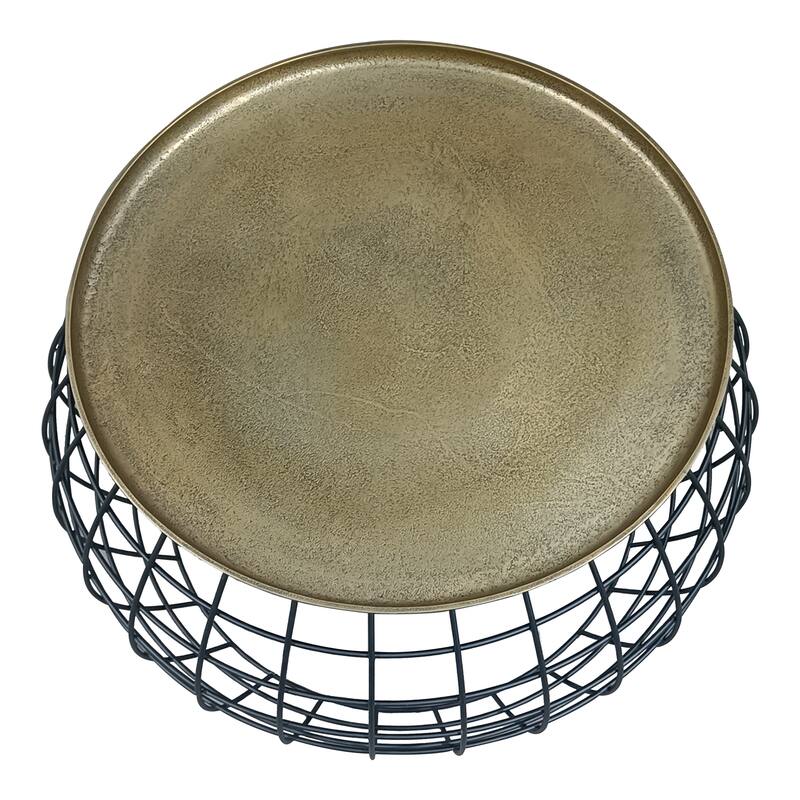 Milo 2-Piece Coffee Table and End Table Set - Round Antique Brass Tray Top with Curved Cage Design Black Iron Base