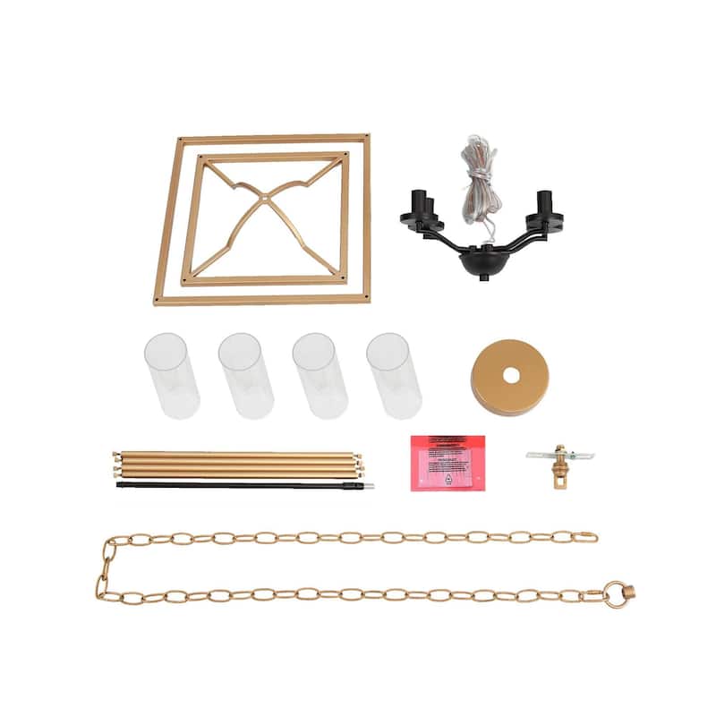 Modern 4-Light Gold Glass Chandelier Lantern Pendant Light for Dining Room - 14" L x 14" W x 19" H