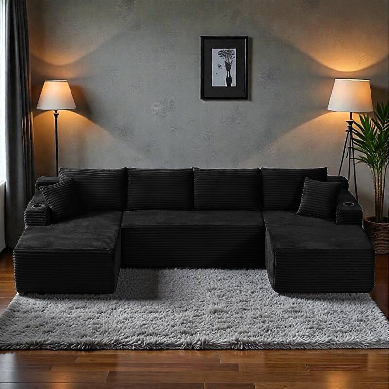 Compressible U-Shaped Modular Sectional Sofa, Corduroy Cloud Couch, 6-Seat Minimalist Living Room Sofa