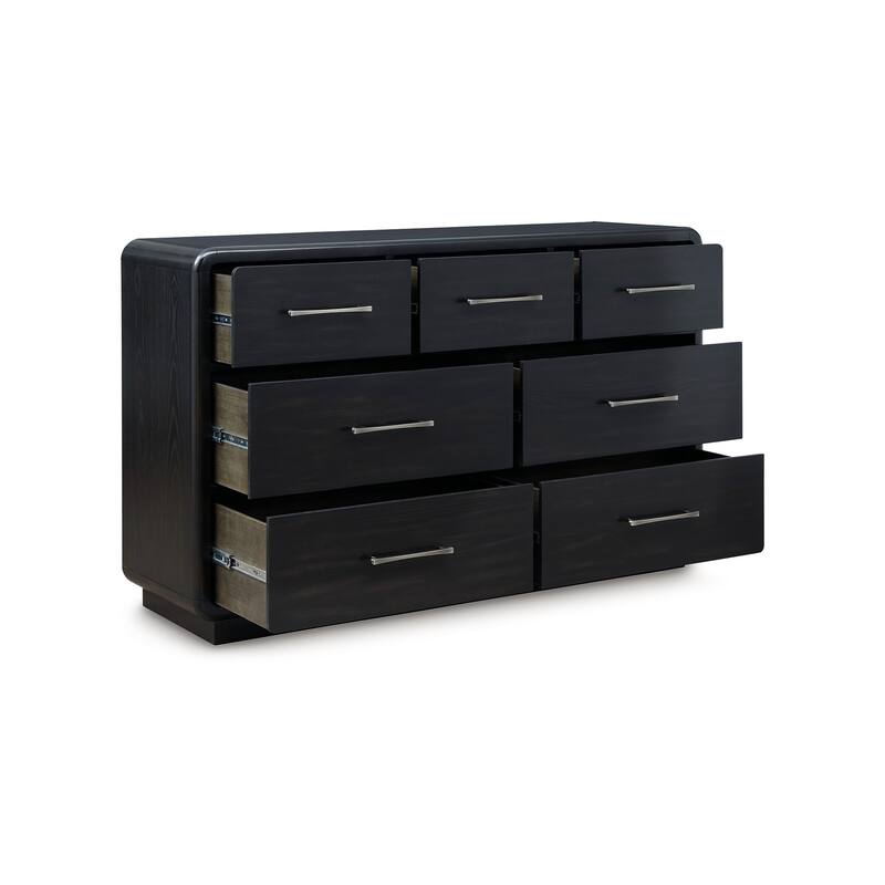 Robeck Wide Dresser, 7 Drawer, Black 64 Inch, Silver Metal Handles