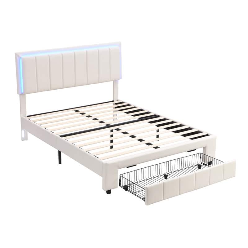 3Pieces Bedroom Sets, Queen Size Upholstered Bed with 2 Nightstands, LED Lights and Motion