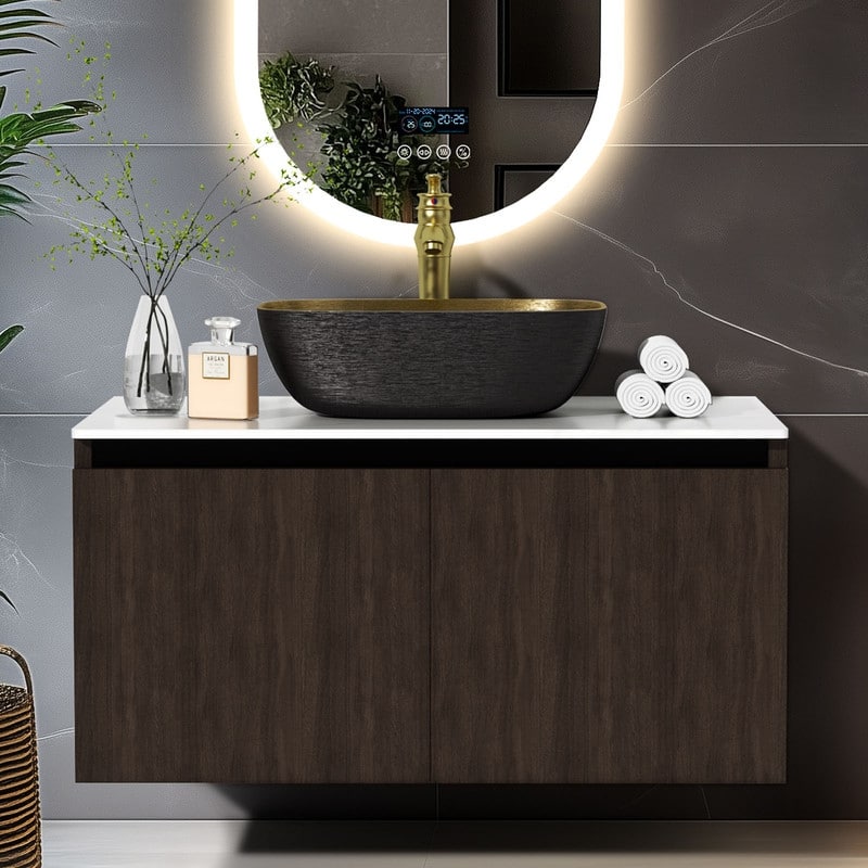 Vintage Aluminium Bathroom Vanity With Countertop Sink Copper Faucet Set - 32" L x 20" W x 16" H - Single Basin - Brass/ White/ Walnut