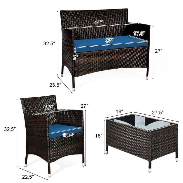 Rattan Patio Conversation Furniture Set with Glass Table and Comfortable Sofa - 4 Pcs
