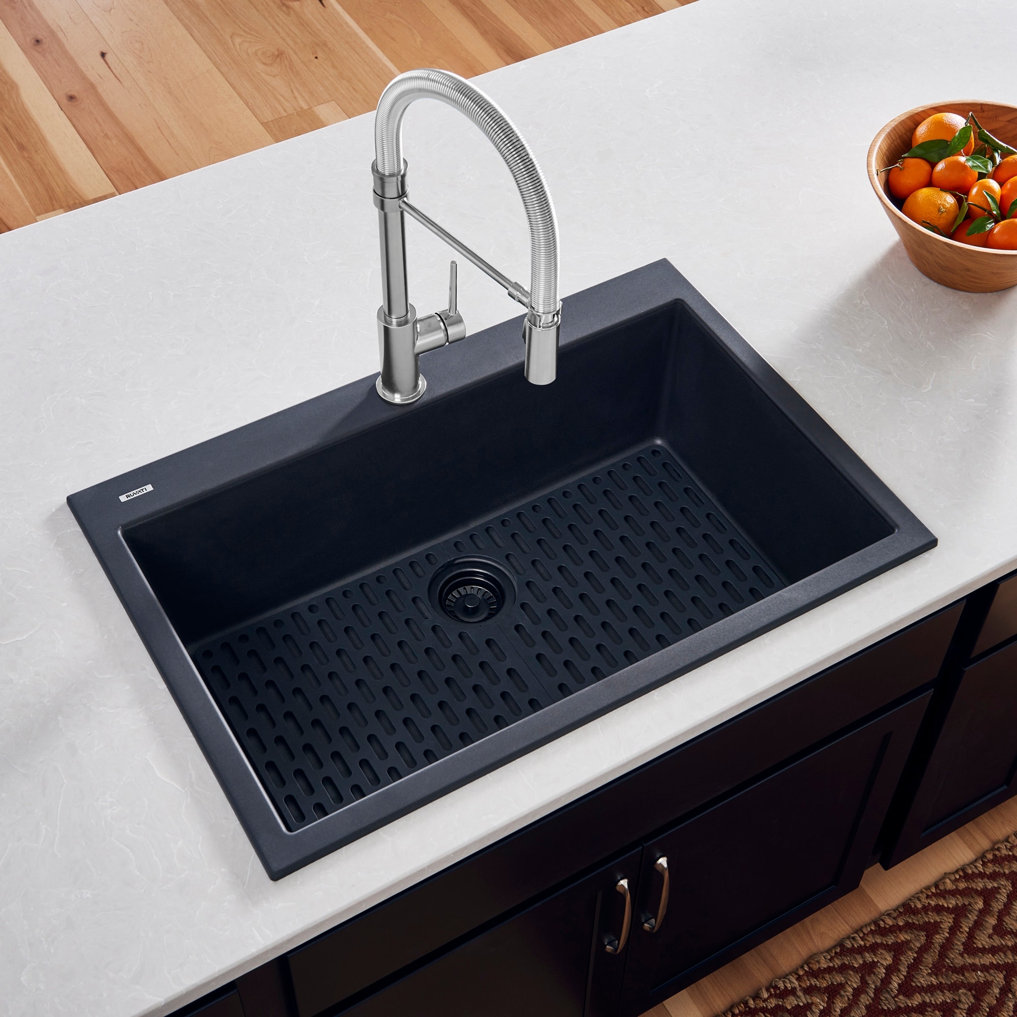 Ruvati 27 x 20 inch Drop-in Topmount Granite Composite Quartz Single Bowl Kitchen Sink - Midnight Black - RVG1027BK - 27 x 20