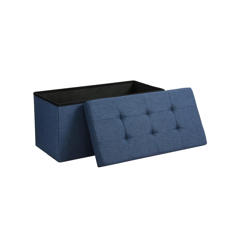 Dark Blue Faux Leather Padded 30-Inch Folding Storage Ottoman Bench with Lid