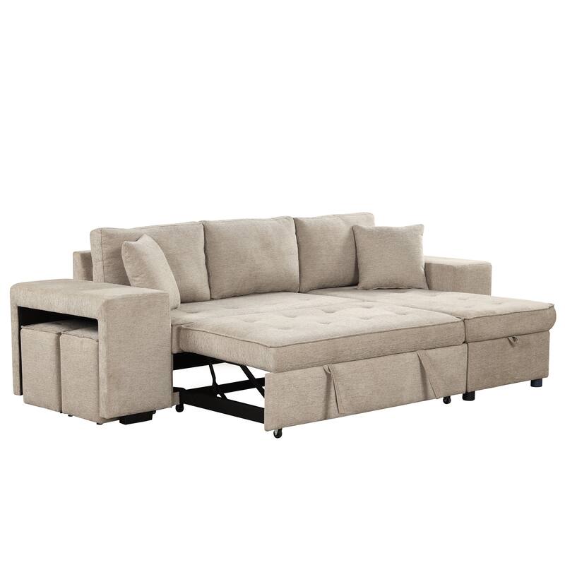 Convertible Sleeper Sectional Sofa, Reversible Sofa with Pull-Out Bed, Storage Chaise & 2 Stools, Linen Upholstered 4 Seat Sofa