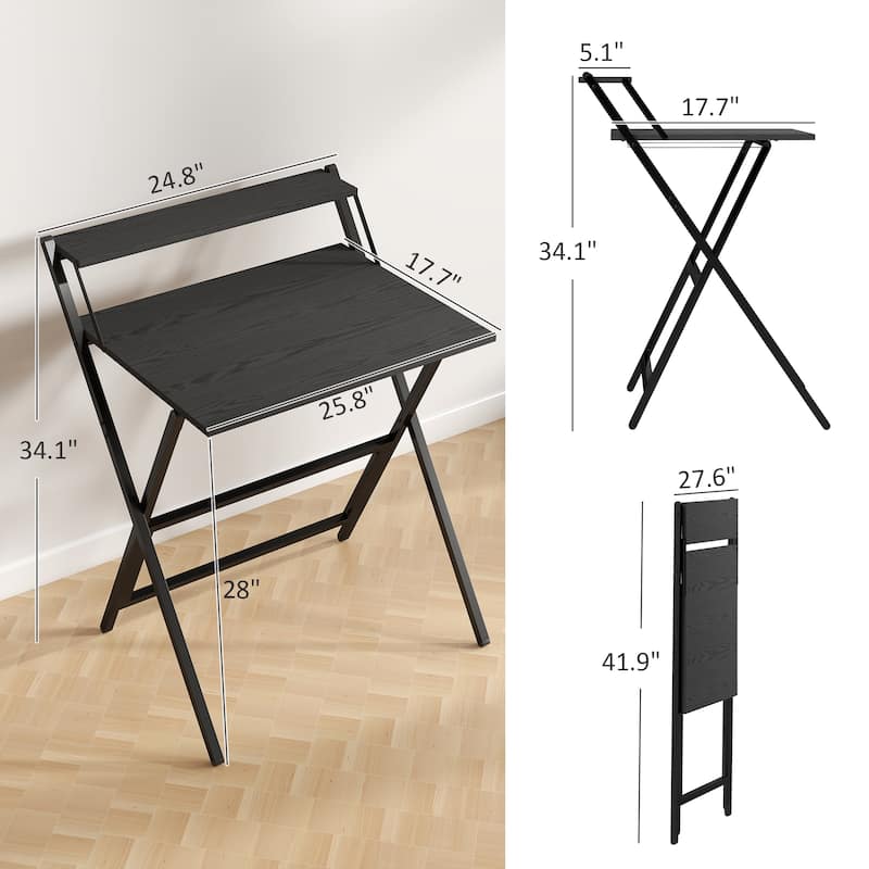 Folding Desk with Monitor Shelf Compact Space Saving Workstation for Home Office