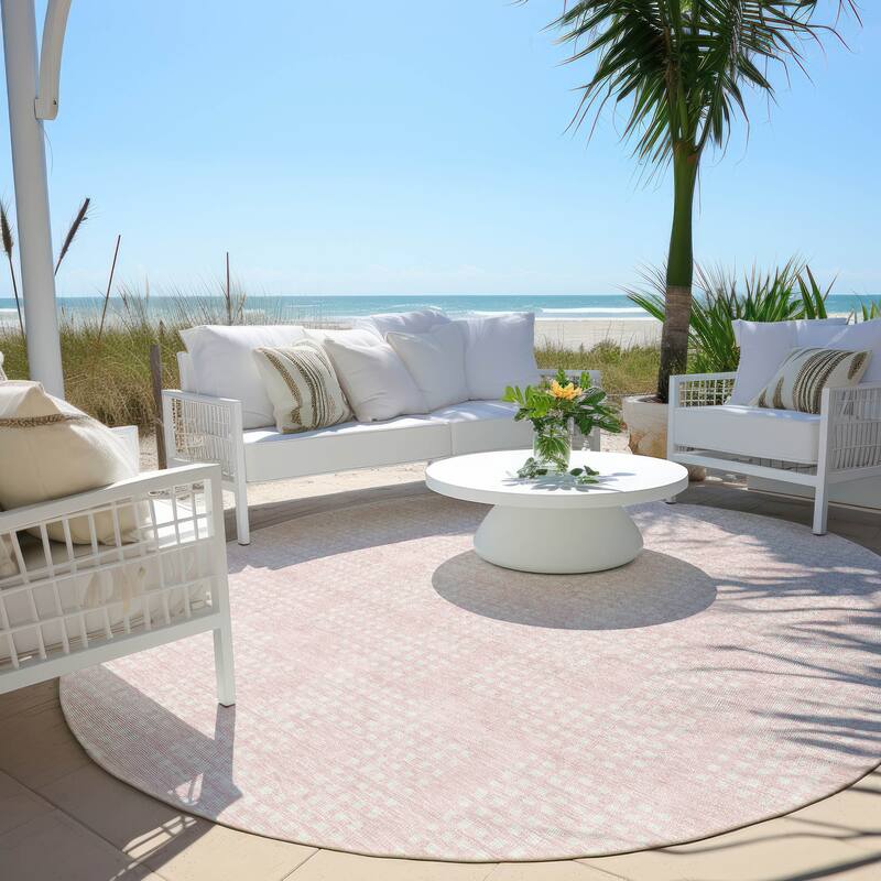 Machine Washable Indoor/ Outdoor Chantille Houndstooth Modern Rug - Pink - 8' x 8'