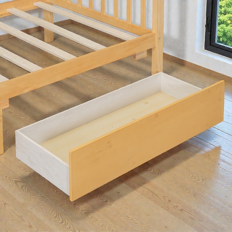 Twin/Full Size Wooden House Bed with Roof and 2 Drawers, Kids Platform Bed with Storage, Solid Pine Frame