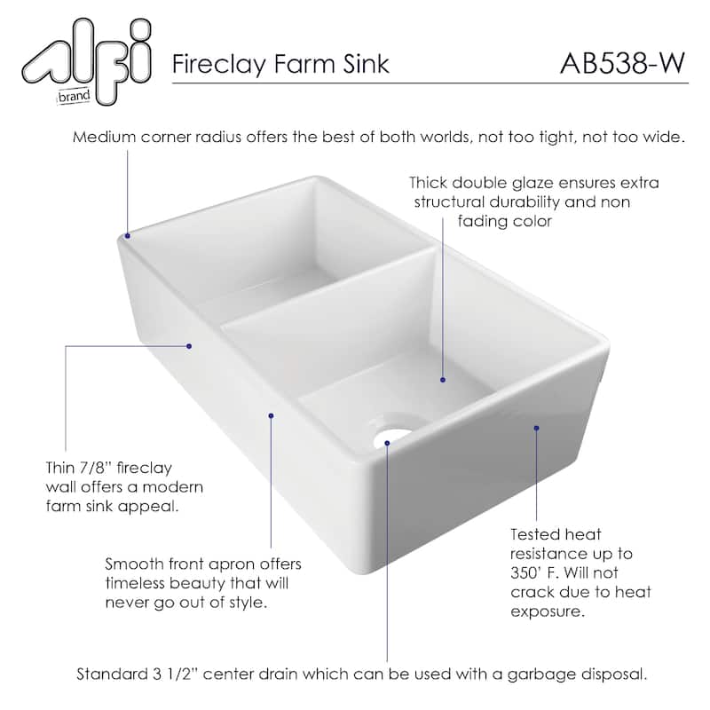 Alfi White Fireclay 32-inch Smooth Double Bowl Farmhouse Kitchen Sink