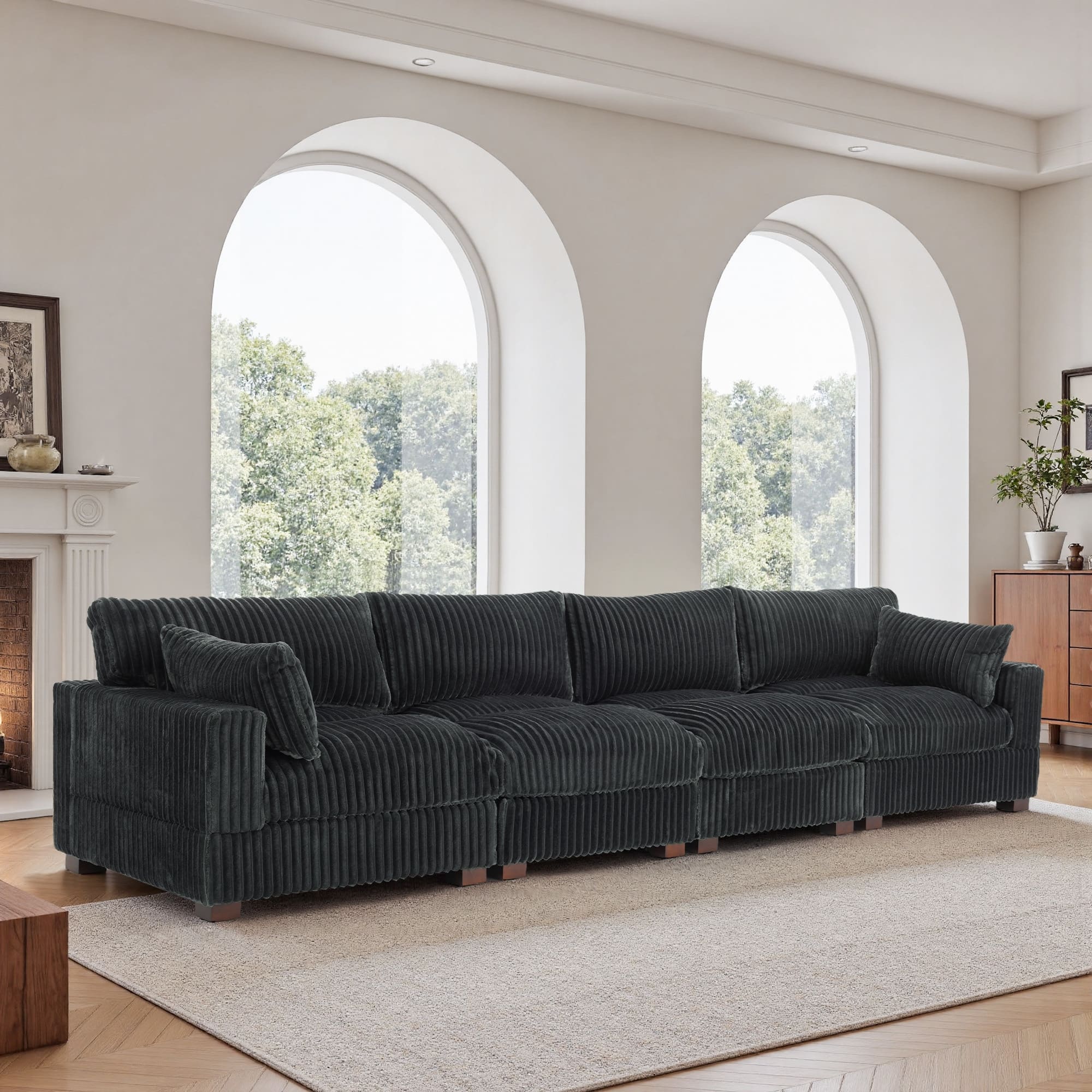 Plush Corduroy Upholstered Modular Sectional Sofa with Pillows