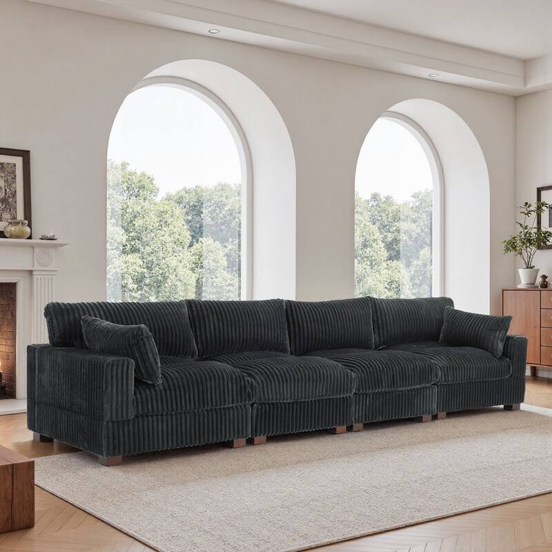 Plush Corduroy Upholstered Modular Sectional Sofa with Pillows - Symmetrical - Grey-4 Pieces
