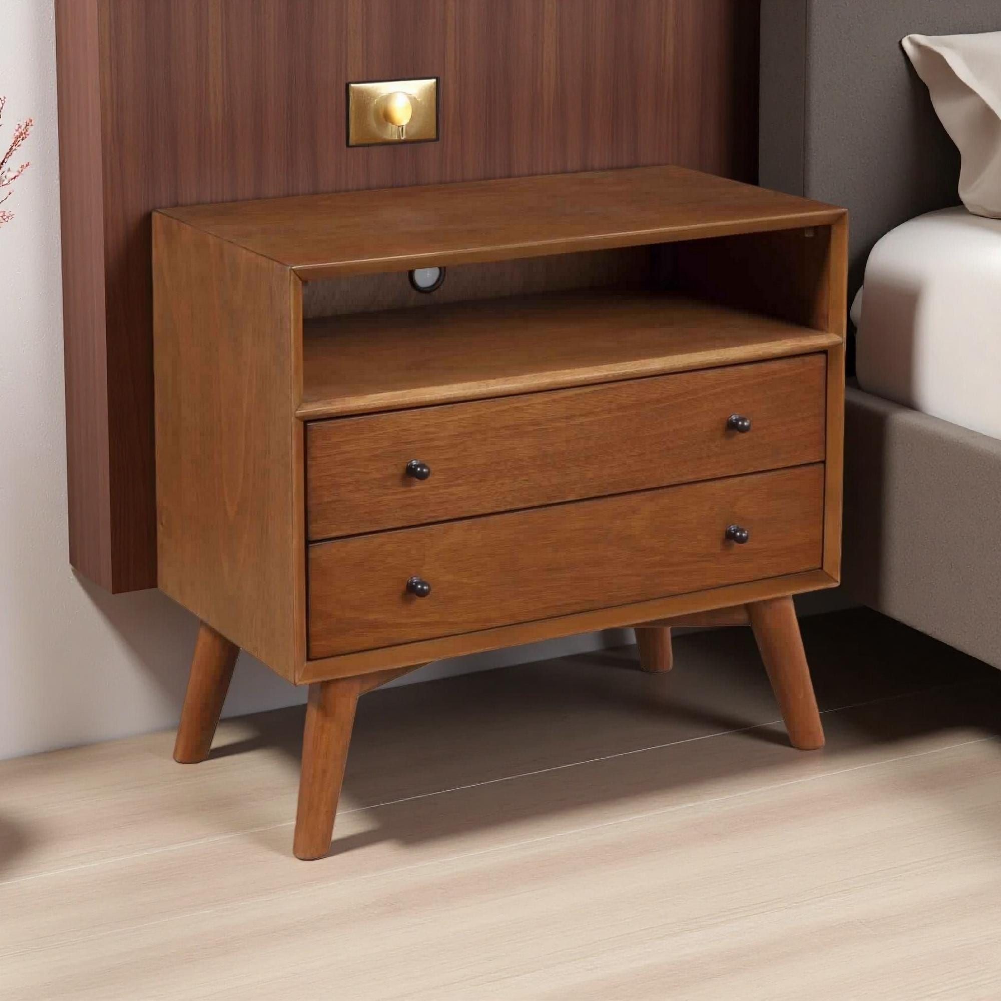 26"L 2-Drawer Wooden Nightstand with Open Compartment, Splayed Legs, and Black Knobs