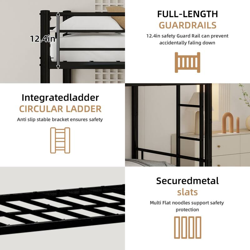 GDFStudio - Heavy-Duty Metal Twin over Twin Bunk Bed with Guardrail