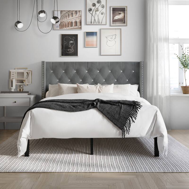 CraftPorch Luxurious Velvet Wingback Tufted Upholstered Bed