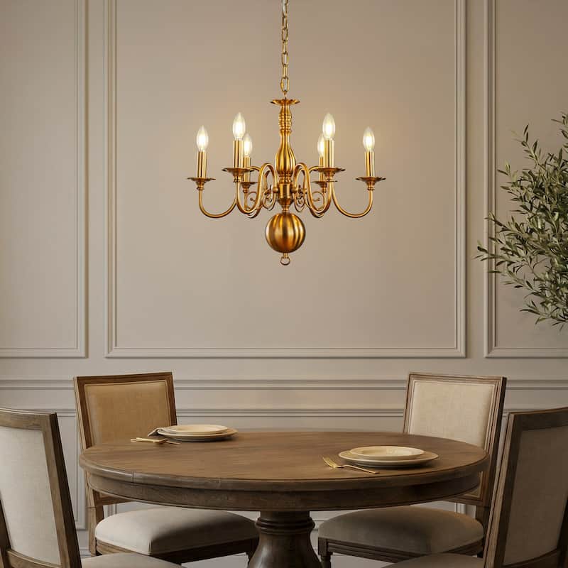 French Country Dimmable Antique Brass Chandelier Adjustable Chain Vintage Pendant Light for Dining Room