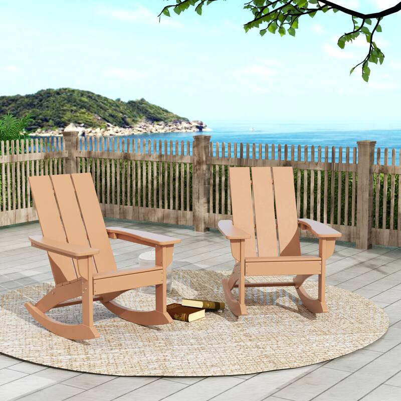 Shoreside Modern Eco-Friendly All Weather Poly Adirondack Rocking Chairs (Set of 2) - Teak