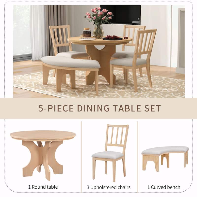 5-Piece Rustic Charm Round Dining Set - 3 Upholstered Chairs with Curved Bench