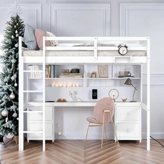 Multifunctionl Full Size Loft Bed with Desk, Cabinets, Drawers and Bedside Tray, Charging Station, Sturdy Wood Frame, White