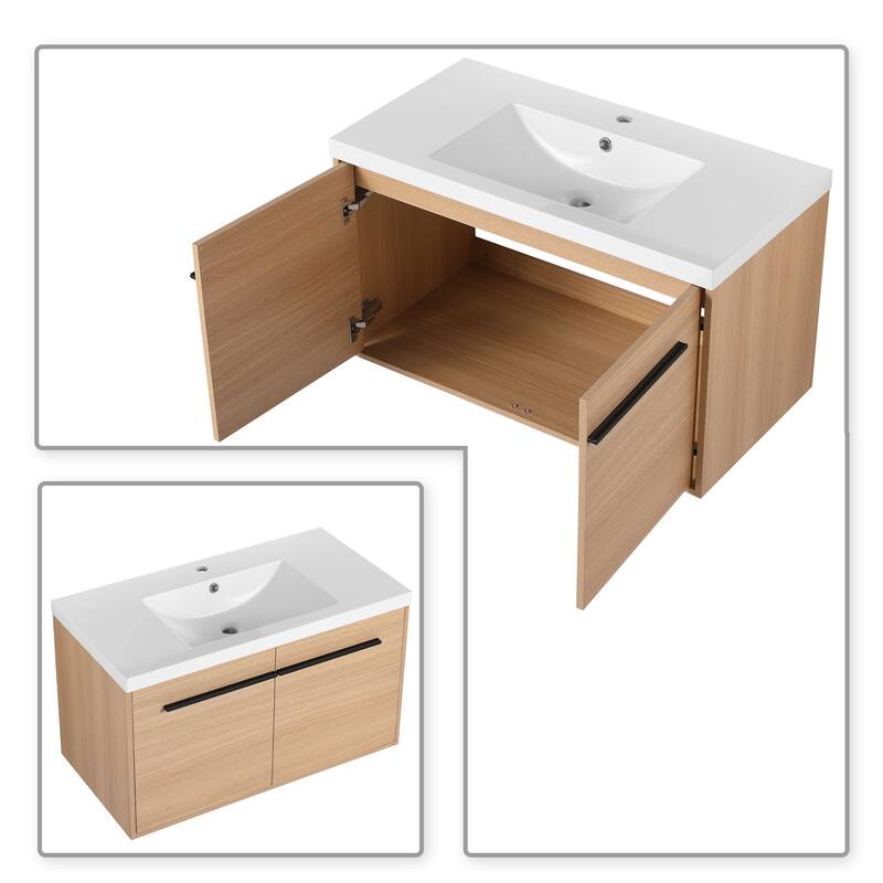 Classic Farmhouse Style Wall-Mounted Wooden Bathroom Vanity with Resin Countertop Sink