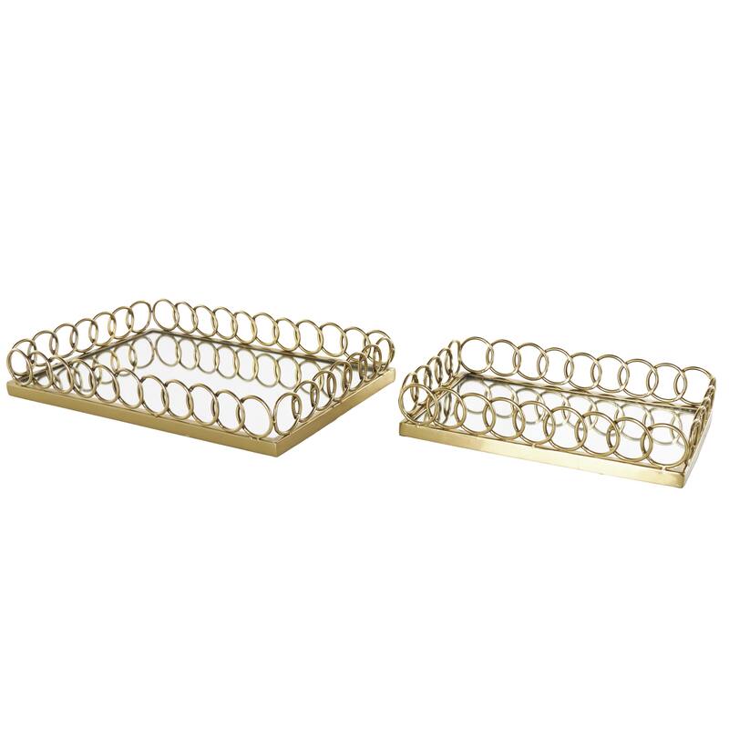 Gold Stainless Steel Metal Mirrored Geometric Living Room Decor Tray with Wire Rod Frame and Mirrored Glass Interior (Set of 2)