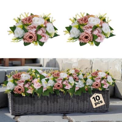 White-Pink Silk Flower Balls Set of 10 with Plastic Stem Bases - 9.4 x 9.4 x 4.7 inch