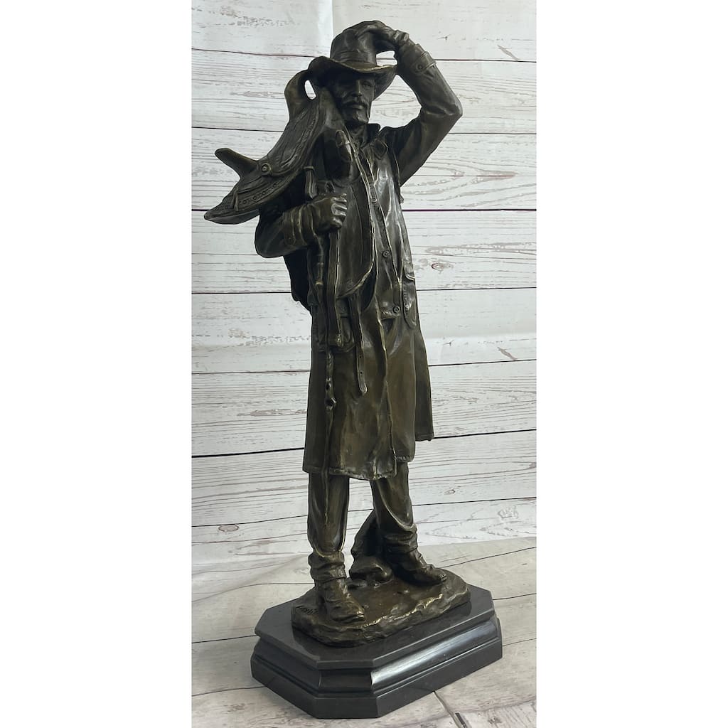 Country Western Cowboy Hauling Saddle Bronze Sculpture Statue Art Decor