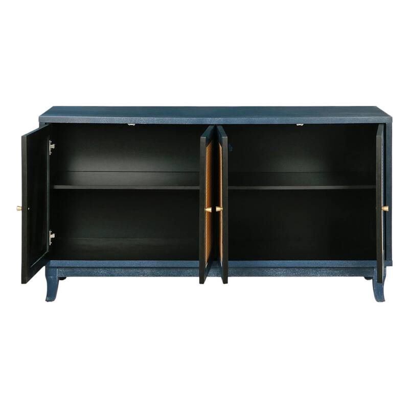 HomeRoots 60" Blue Wood And Rattan Distressed Sideboard with Four Doors - 59.8' X '32.3' X '15.6