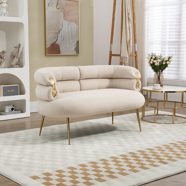 Small Loveseat Sofa with Curved Backrest, Velvet Upholstered Mini Couch with Gold Decor for Living Room, Bedroom, Office - Bed Bath & Beyond