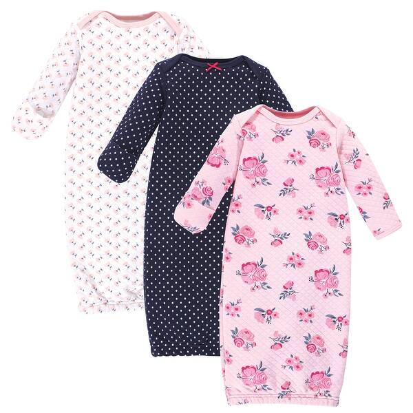slide 1 of 1, Hudson Baby Infant Girl Quilted Cotton Long-Sleeve Gowns 3pk, Pink Navy Floral, 0-6 Months - Pink Navy Floral 0-6 Months - Pink Navy Floral