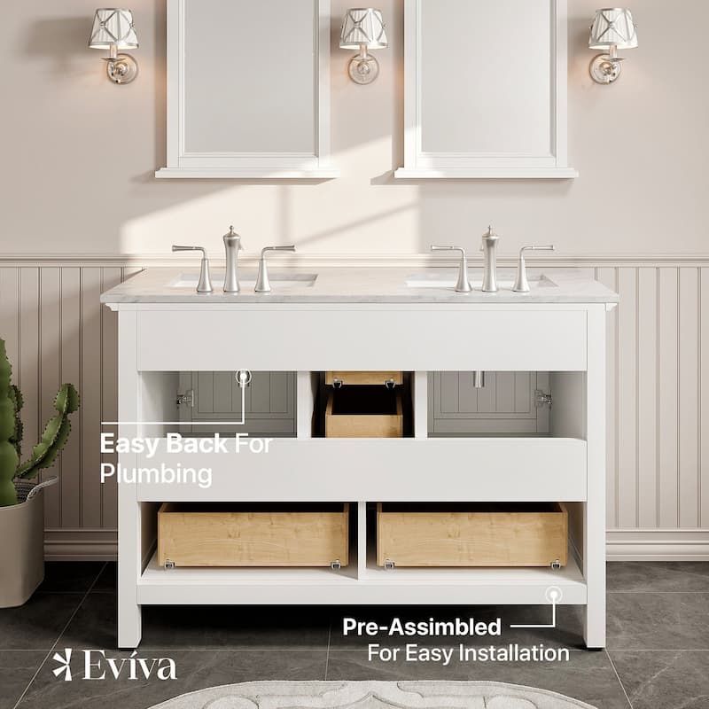 Eviva Britney 48"W x 22"D White Double Sink Vanity with White Carrara Quartz Vanity Top and Rectangular Undermount Sinks - 48