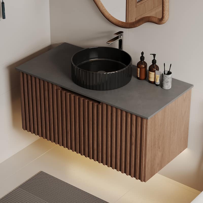 35.43" Floating Single Bathroom Vanities, Solid Wood, Grey Sintered Stone top